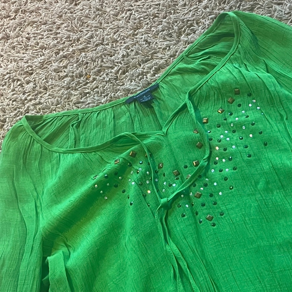 Westbound Green Crinkle Gauze Studded‎ Rhinestone Tunic Top High Low Blouse M